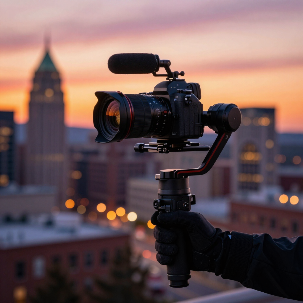 Camera rig with microphone held over a city skyline at sunset