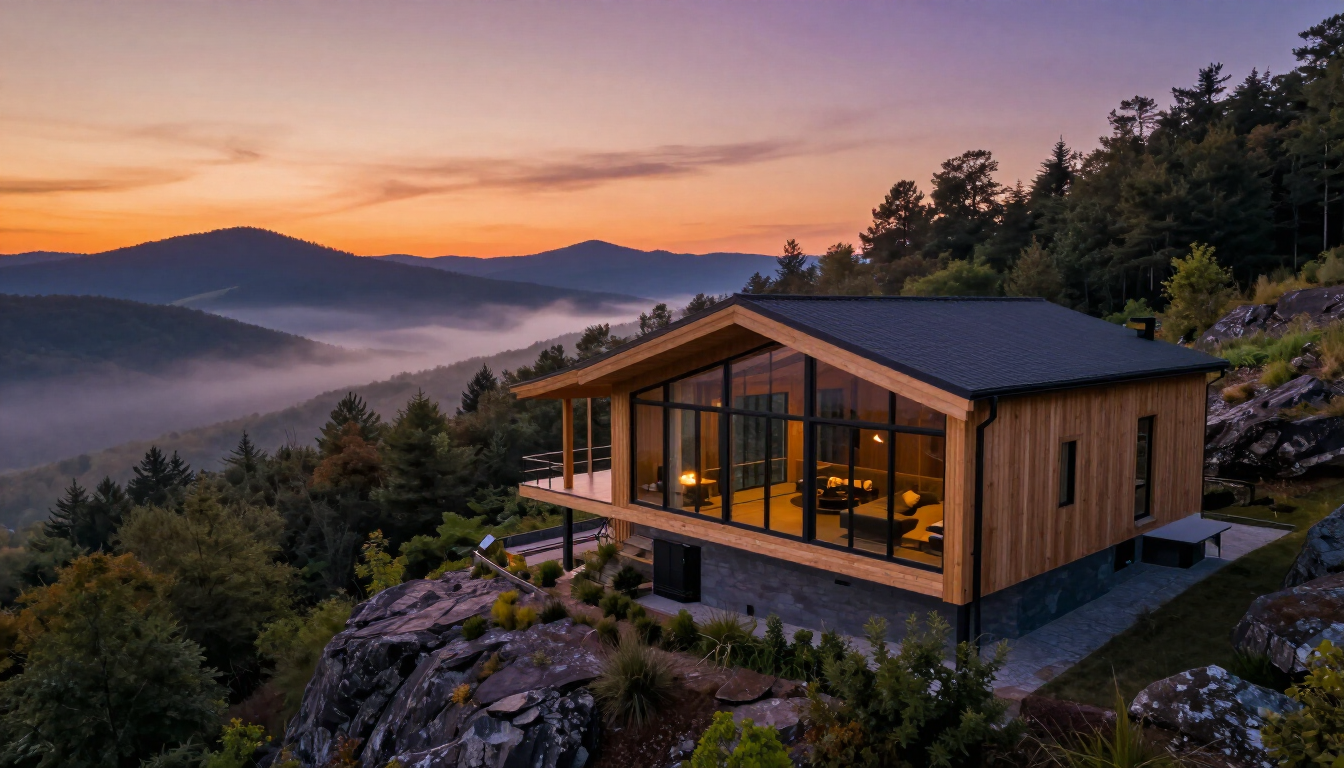 Modern cabin on a mountain ridge at sunset, overlooking misty forested hills.
