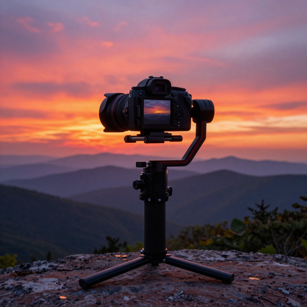 Camera on tripod at sunset overlooking layered mountains and a colorful orange-purple sky