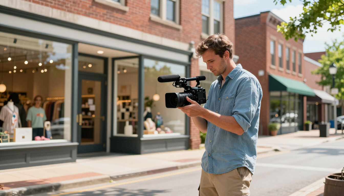 Man filming storefronts on a sunny downtown street with a handheld camera