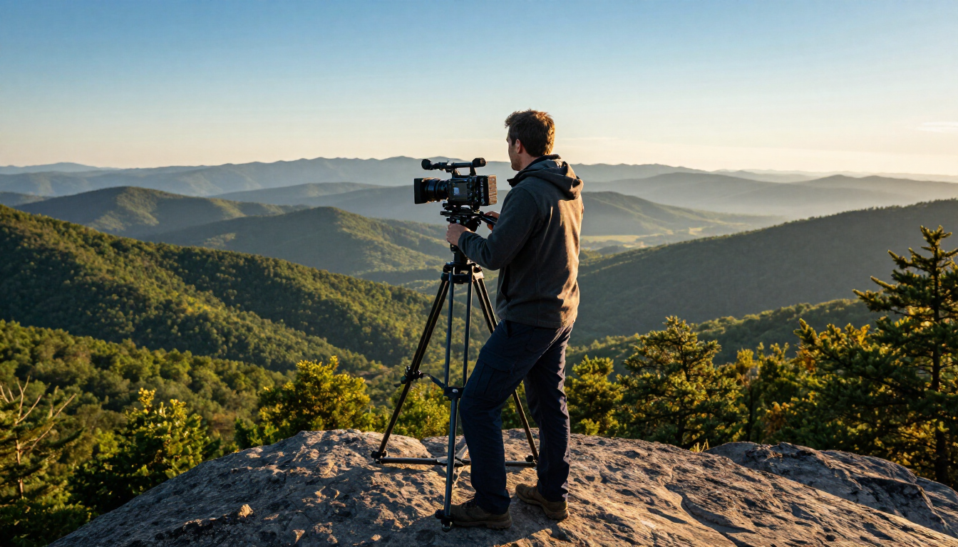 Photographer with tripod on rocky overlook, filming mountain ridges at sunrise