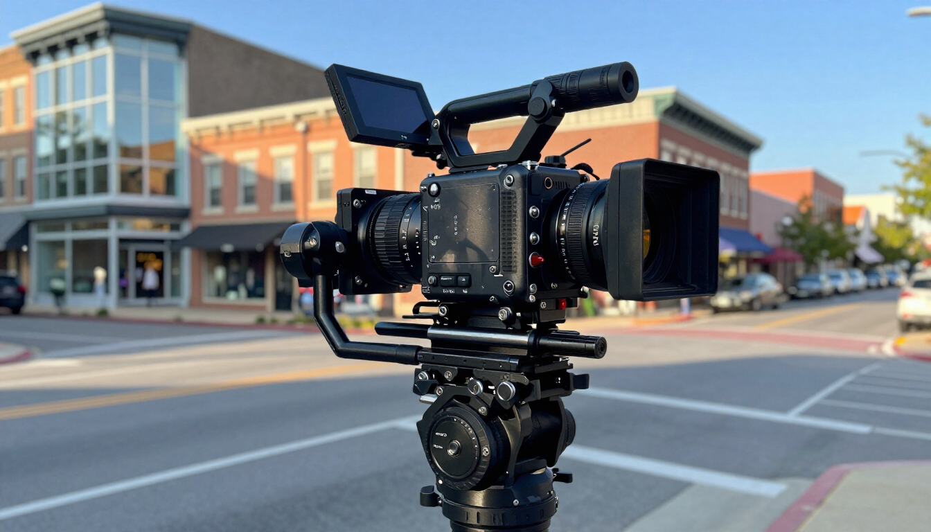 Professional video camera on a tripod set up on a city street with storefronts in the background