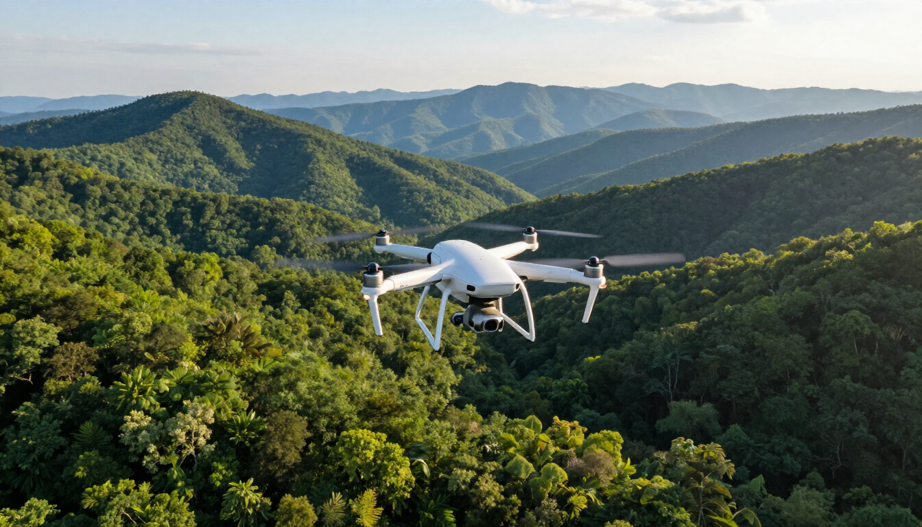 White drone flying over lush green forested hills at sunset