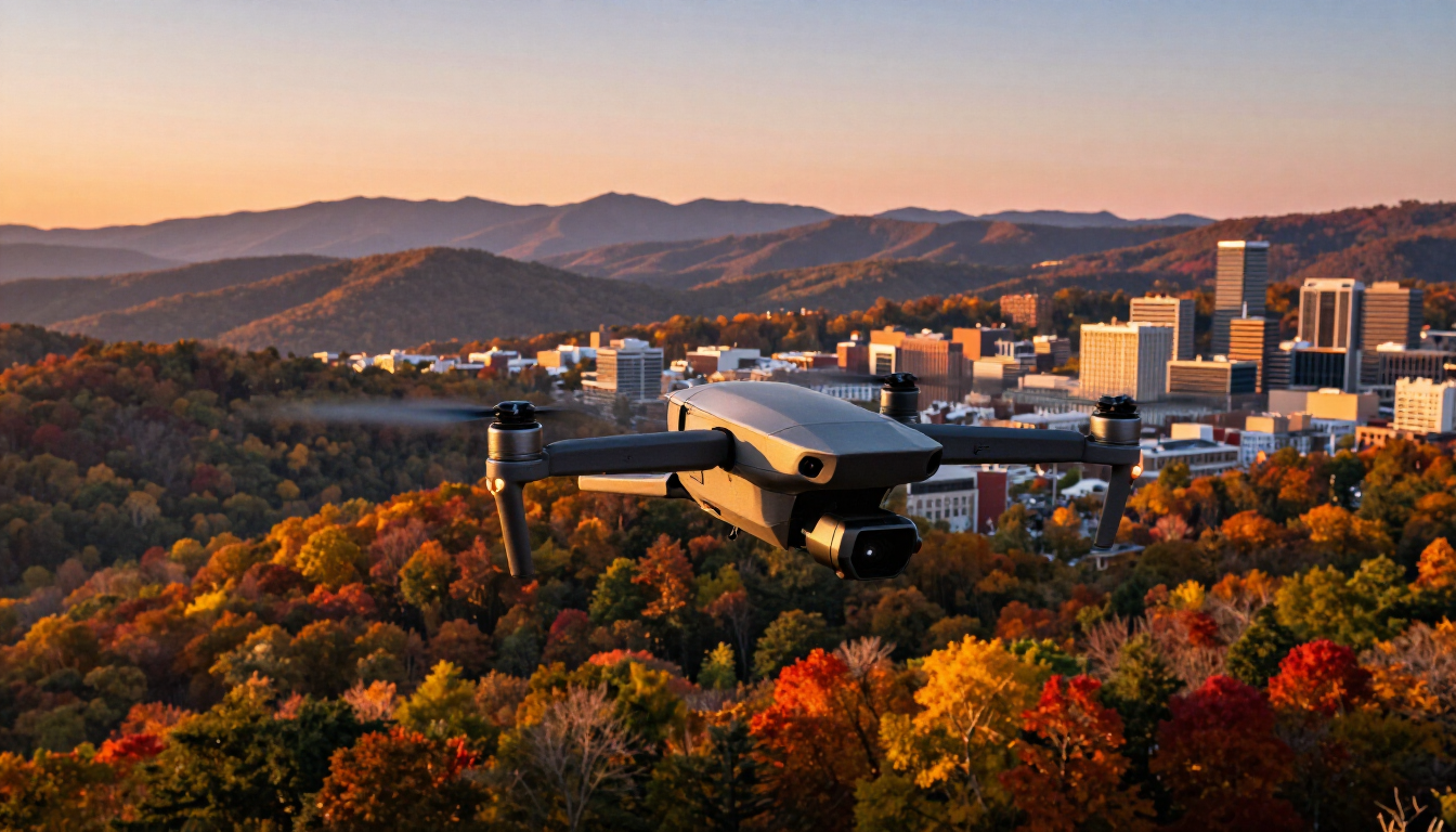 A campus building amid autumn trees with mountains and a city skyline at sunset