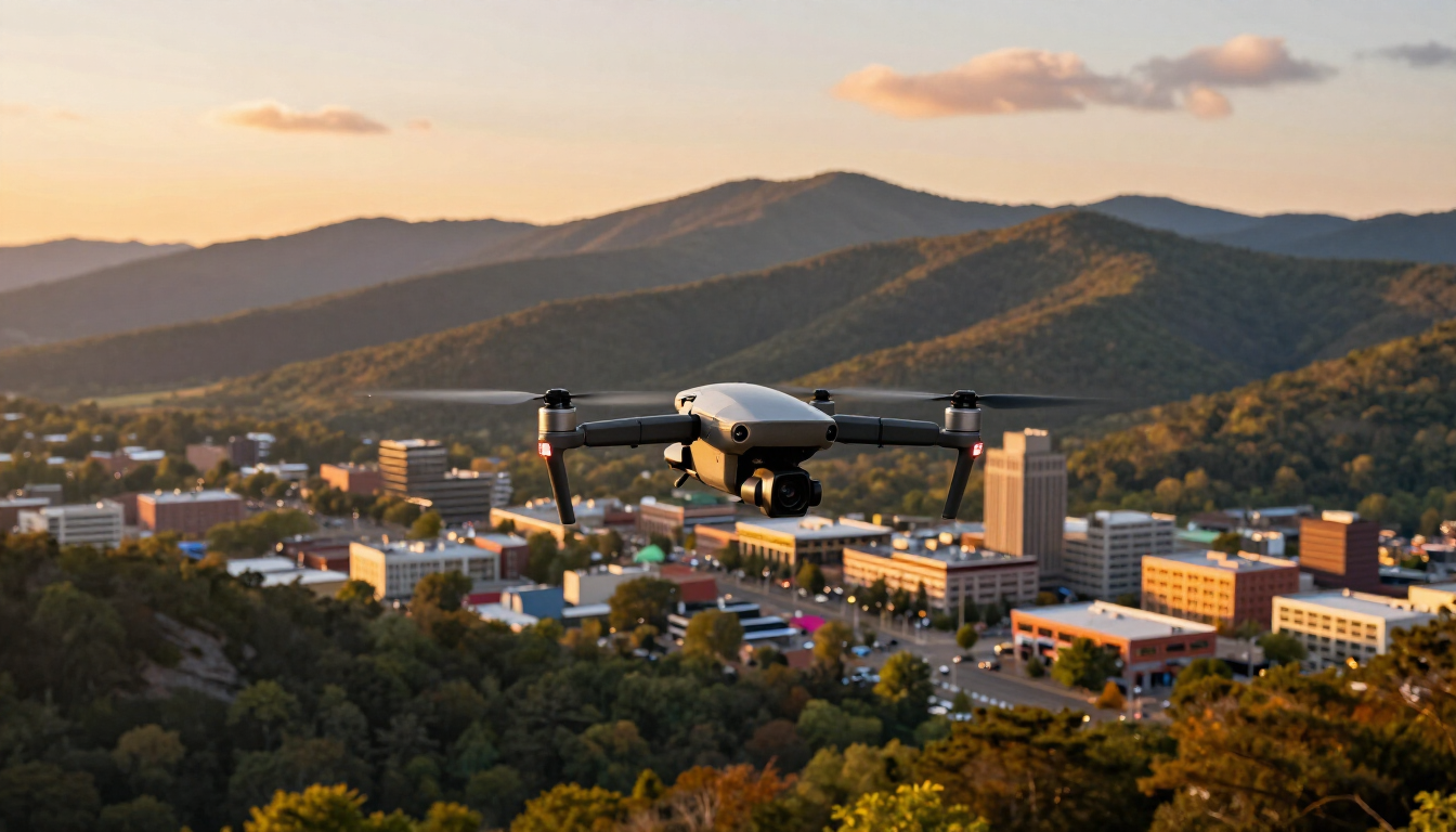 Drone flying over a small mountain town at sunset, with hills and buildings in the background