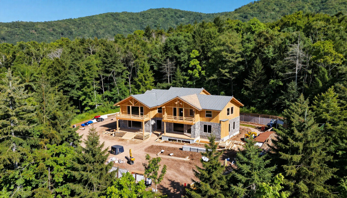 Large house under construction in a forested hillside clearing, surrounded by dense green trees.