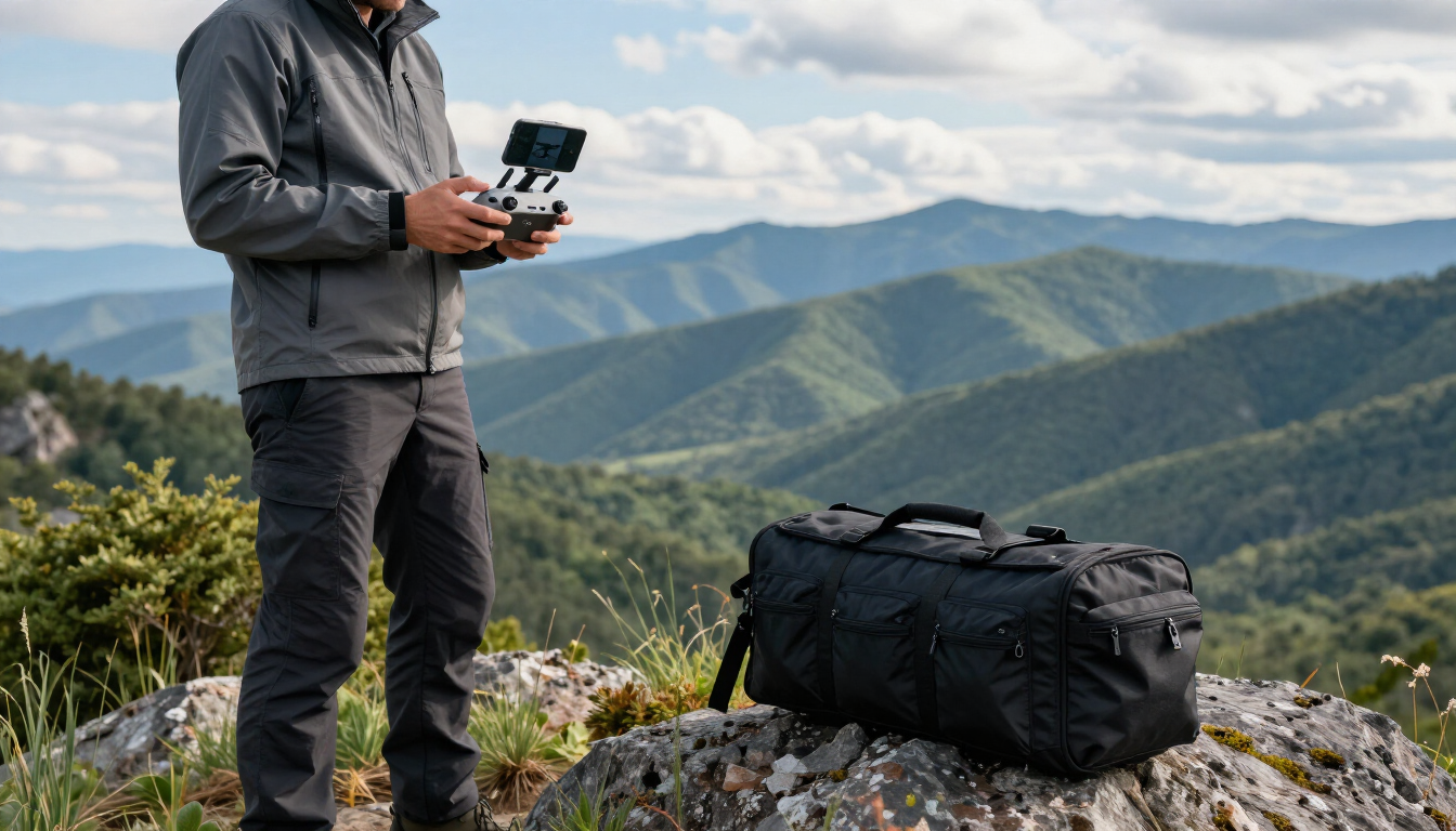 Person standing on a rocky overlook holding a drone controller, with mountains and a black gear bag nearby