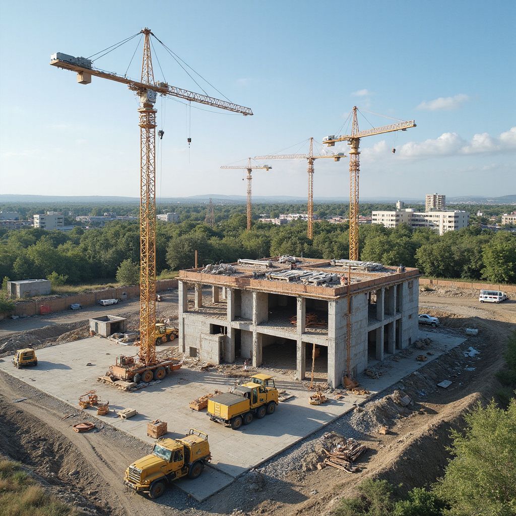 Construction site with a concrete building under construction and several tower cranes overhead