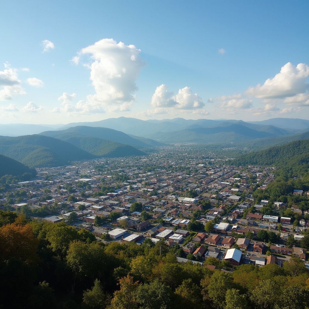 Panoramic view of a town in a mountain valley under a blue sky with scattered clouds