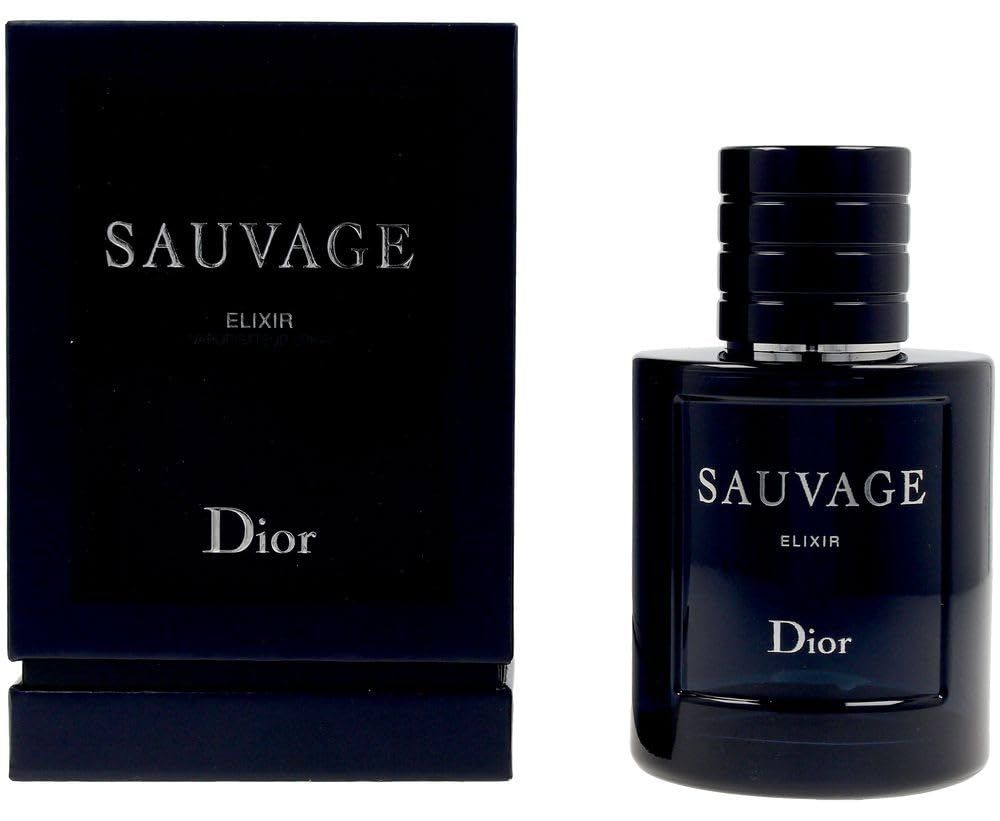 Dior Sauvage Elixir black perfume bottle and box on a white background