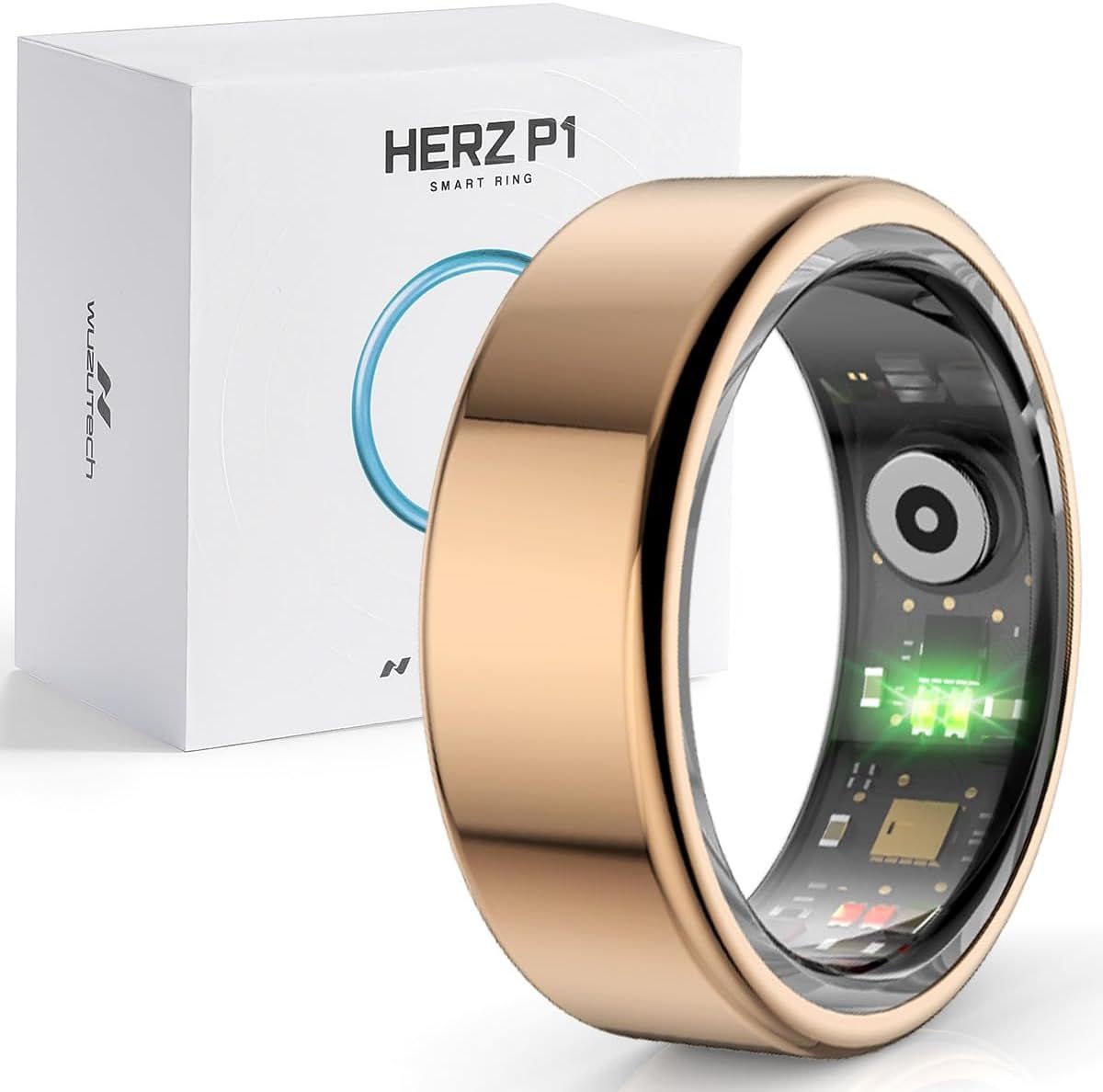 Smart ring with gold exterior and black inner face beside its white HER2 P1 box.