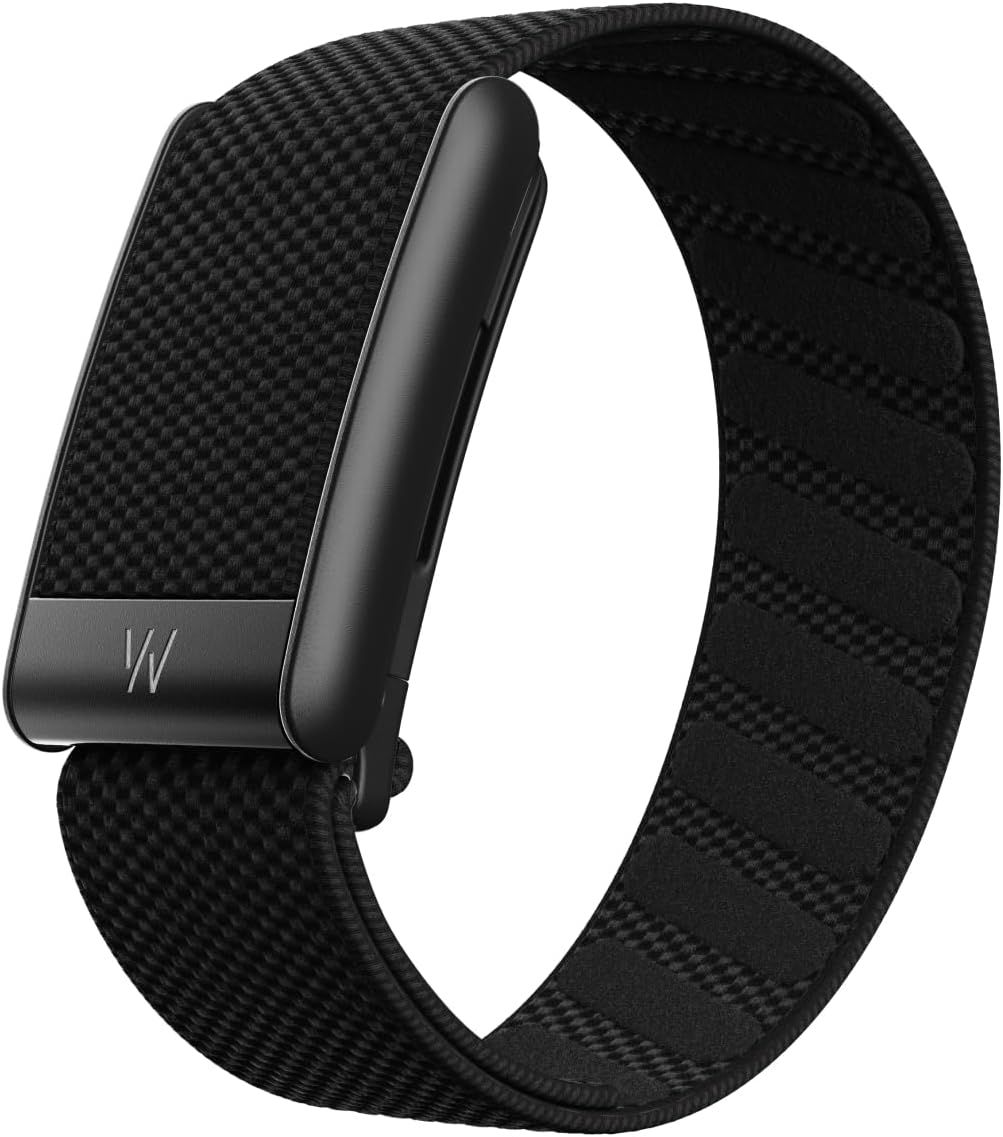 Black woven fitness tracker band with a dark rectangular clasp, isolated on white background