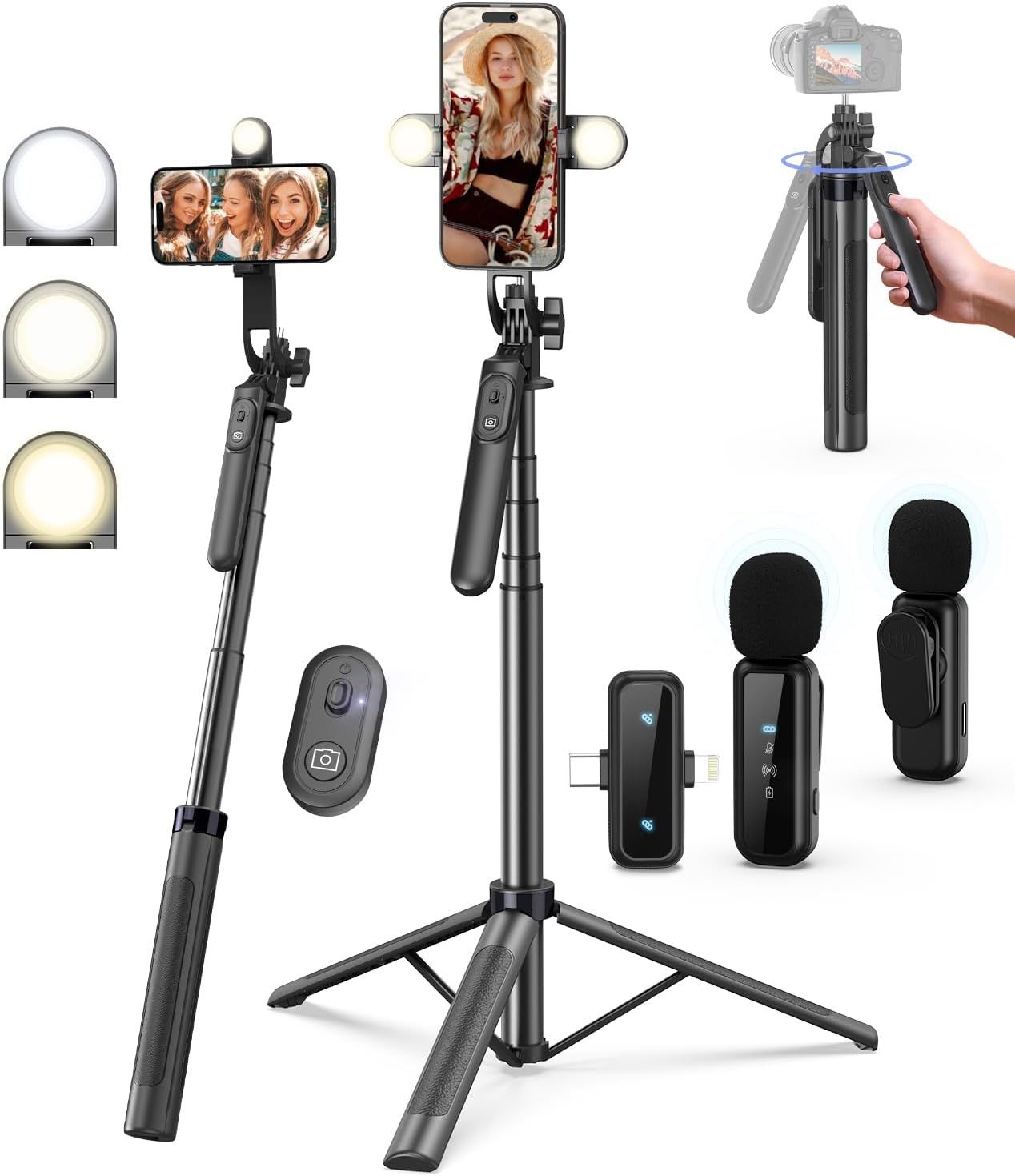 Selfie stick tripod with phone and camera holders, remote shutter, and ring light attachments