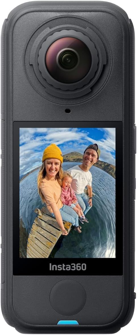 Insta360 action camera displaying a selfie of two people on a boat with a lake and mountains behind them