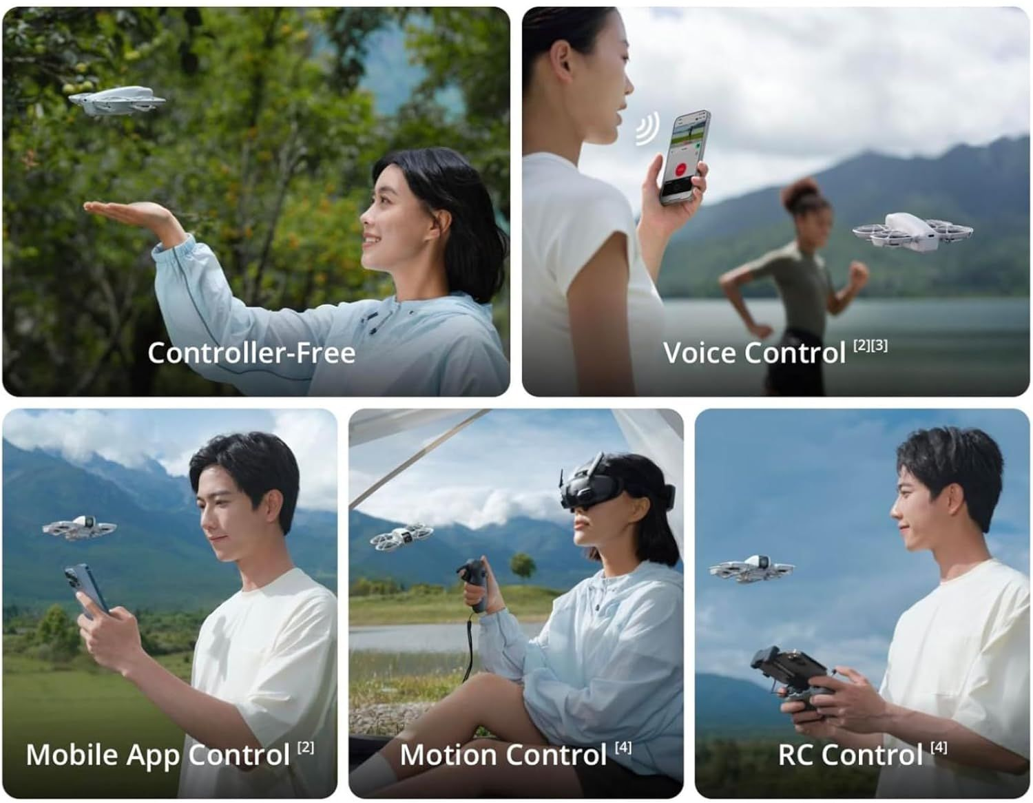 Split-screen drone control methods: controller-free, voice, mobile app, motion, and RC control over ocean views