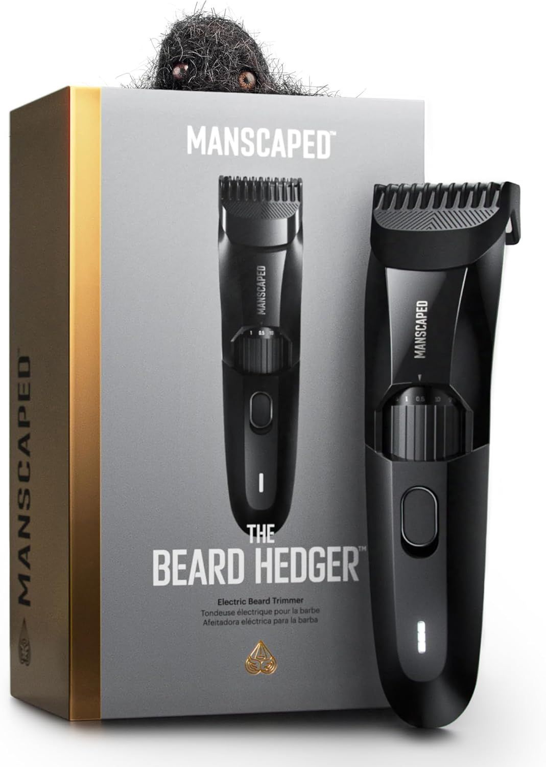 Manscaped Beard Hedger trimmer box and black beard trimmer on white background