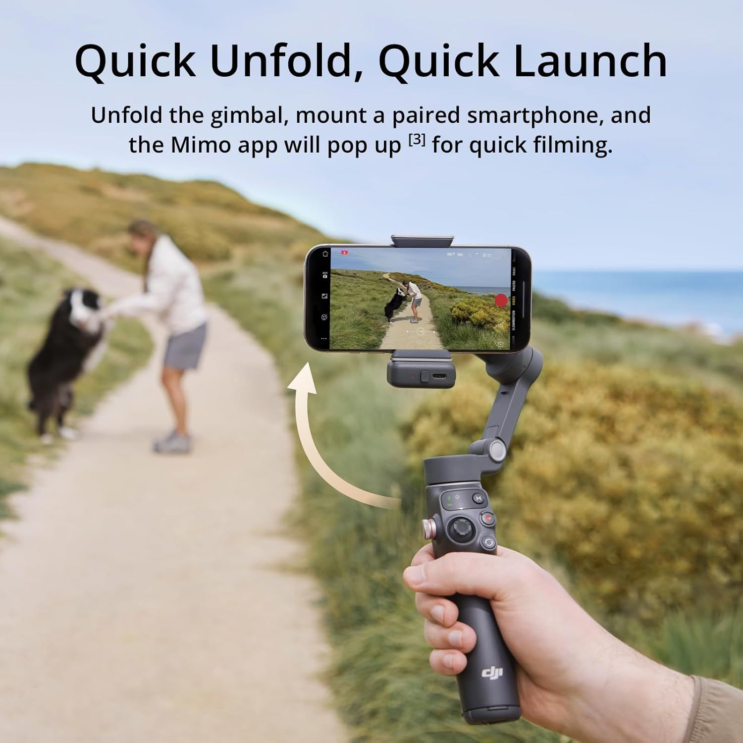 A person wearing wireless earbuds uses a smartphone mounted on a handheld gimbal to film a nearby green leafy plant.