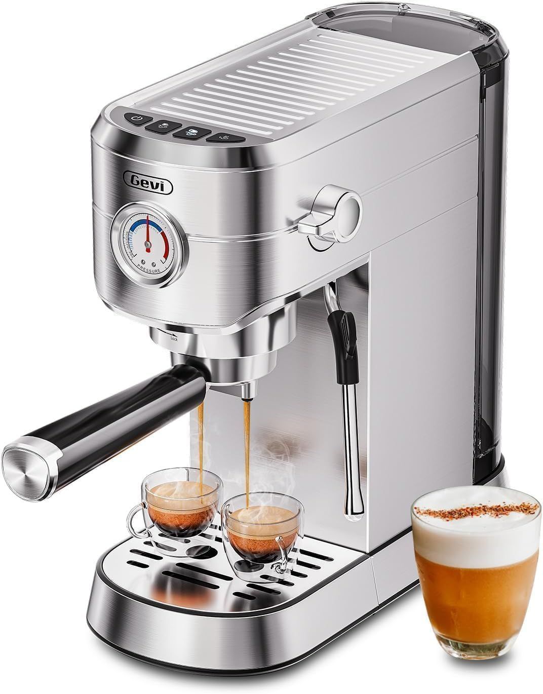 Silver espresso machine brewing coffee into two small cups with a latte beside it.
