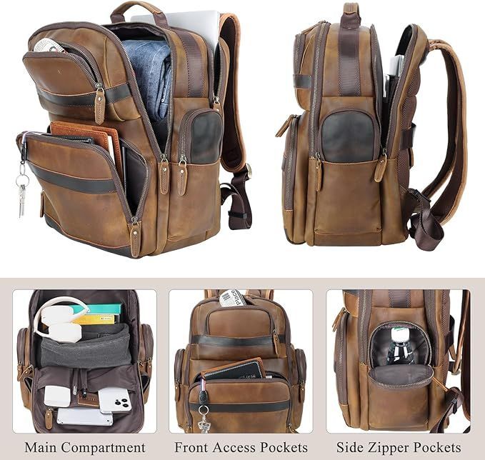 Brown leather backpack with multiple zippered pockets and compartments shown from front and side views