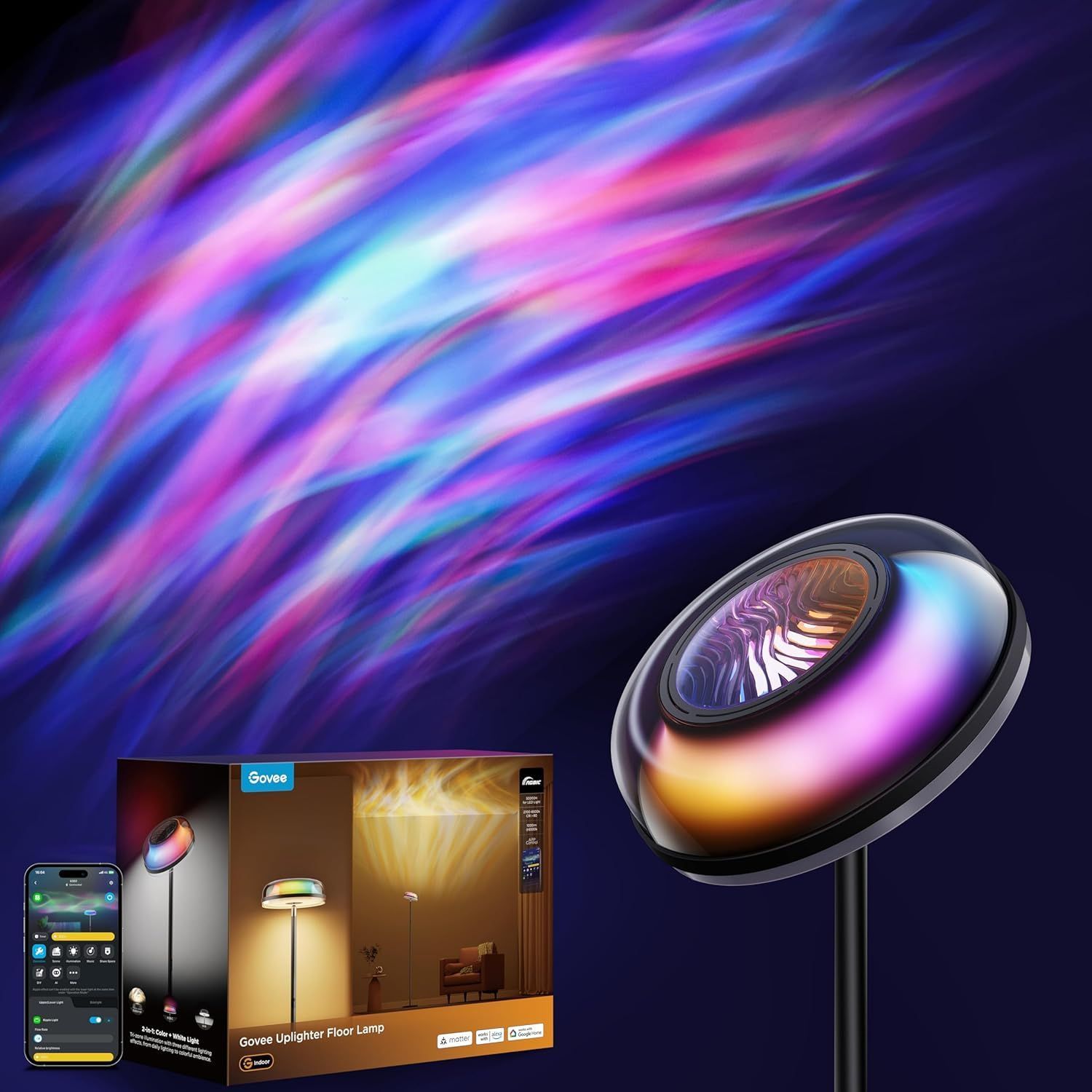 Colorful LED spotlight with rainbow light trails and a small app interface preview
