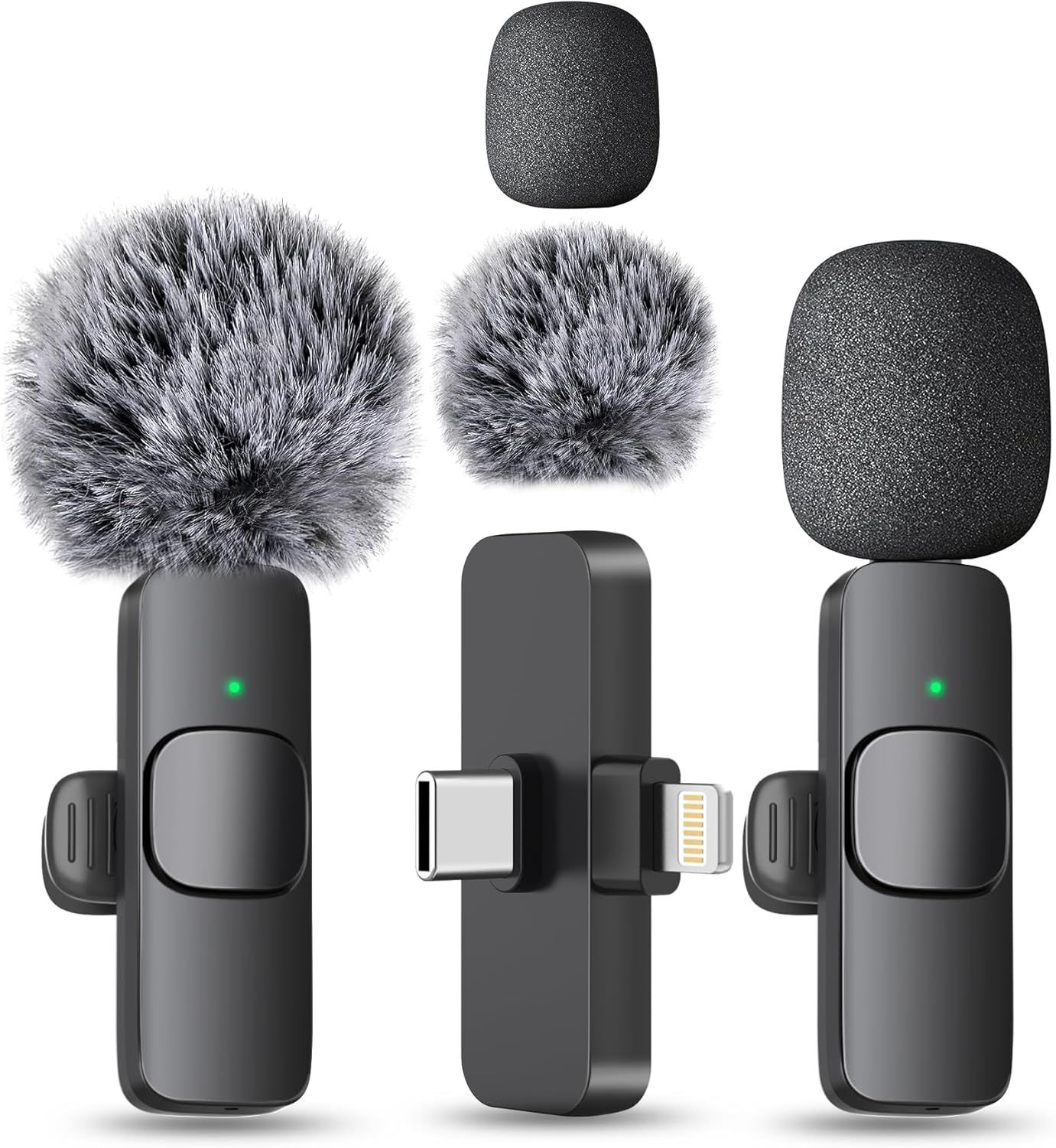 Wireless lavalier microphone set with black clip-on transmitters, fuzzy windscreens, and USB-C receiver