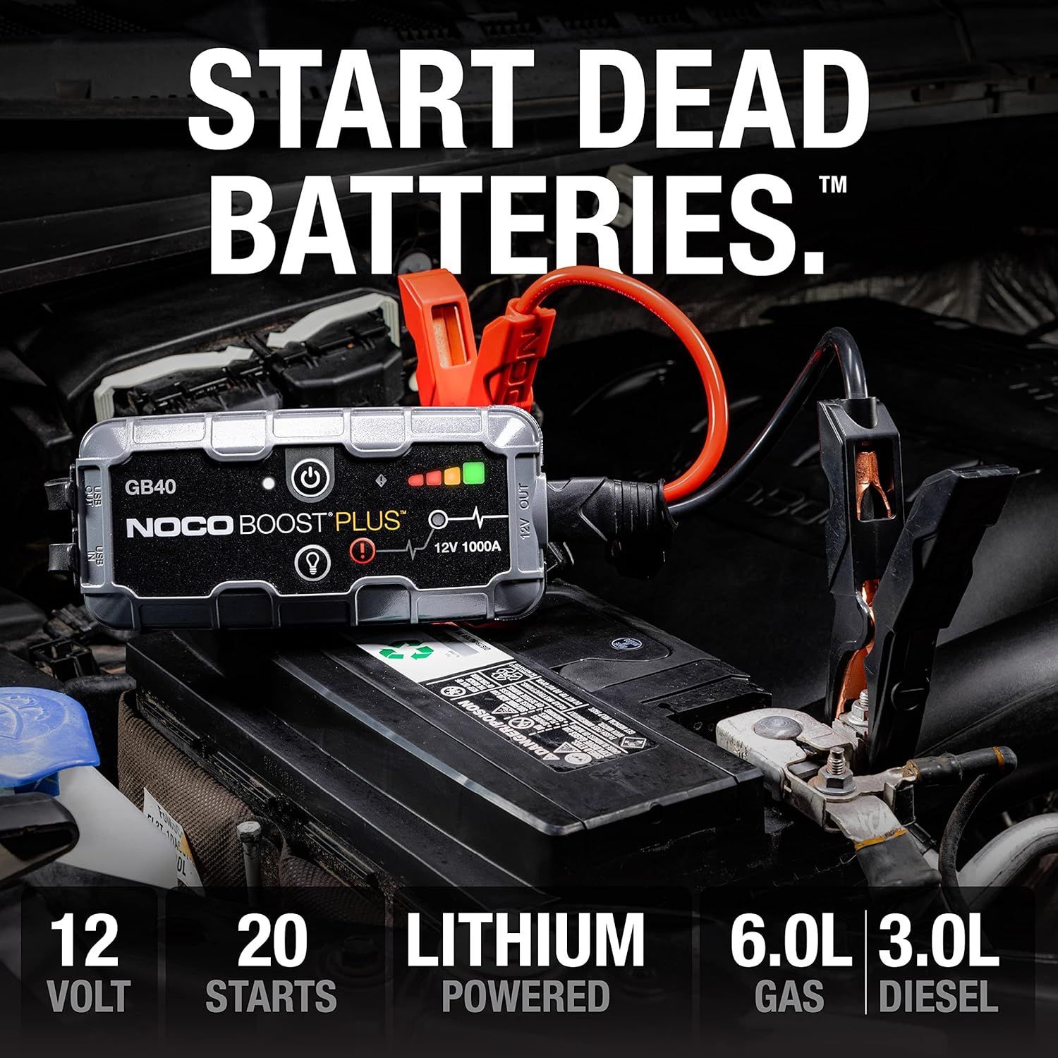 Jump starter with cables on a car battery, with text: “Start dead batteries.”