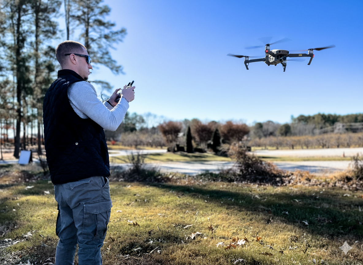 Man controlling a drone flying over a grassy field on a sunny day