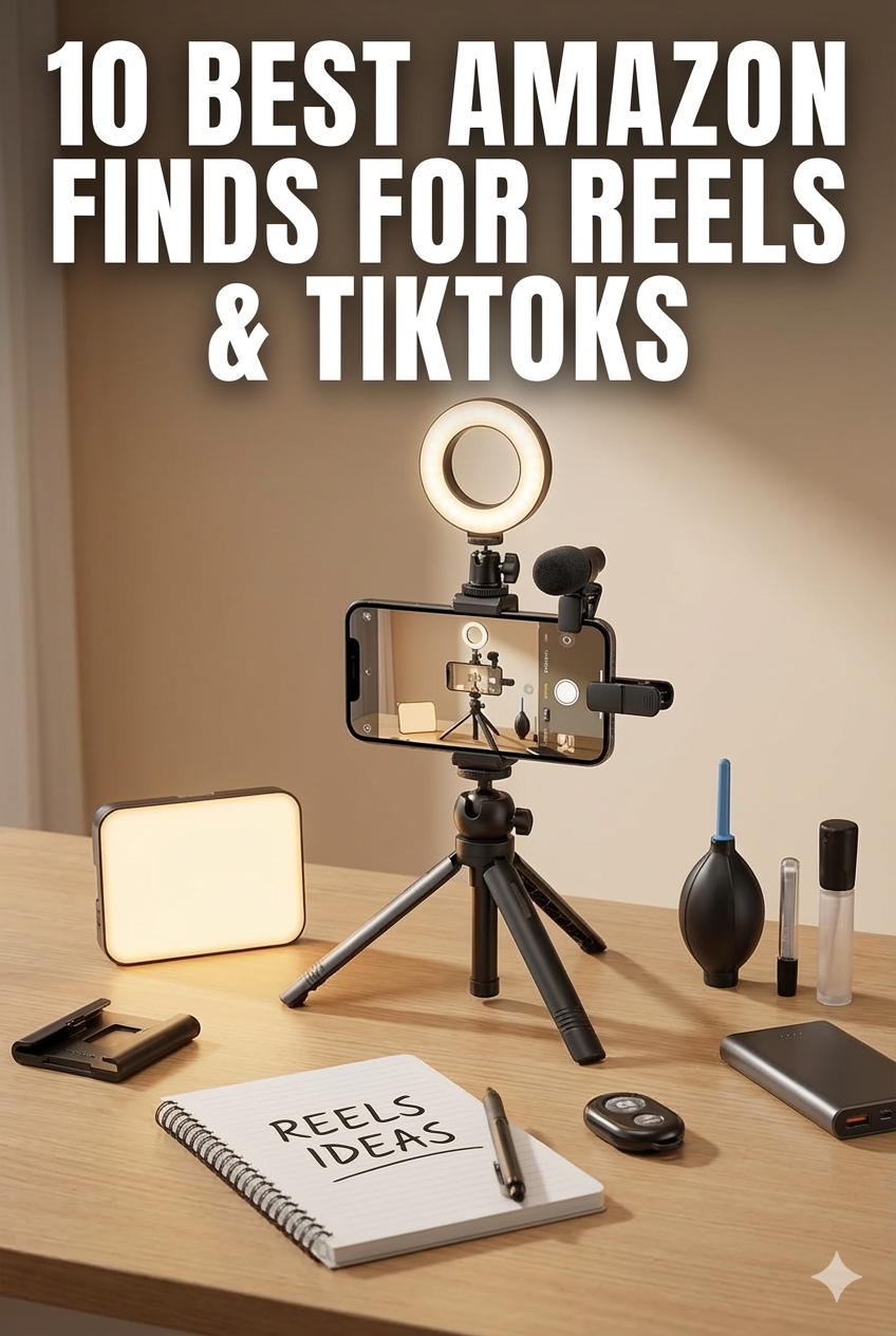 Desk setup with ring light, phone tripod, notebook, and text “10 Best Amazon Finds for Reels & TikToks”