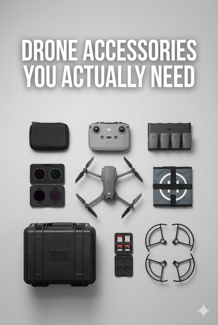Drone accessories arranged on a gray background with the text “Drone Accessories You Actually Need”
