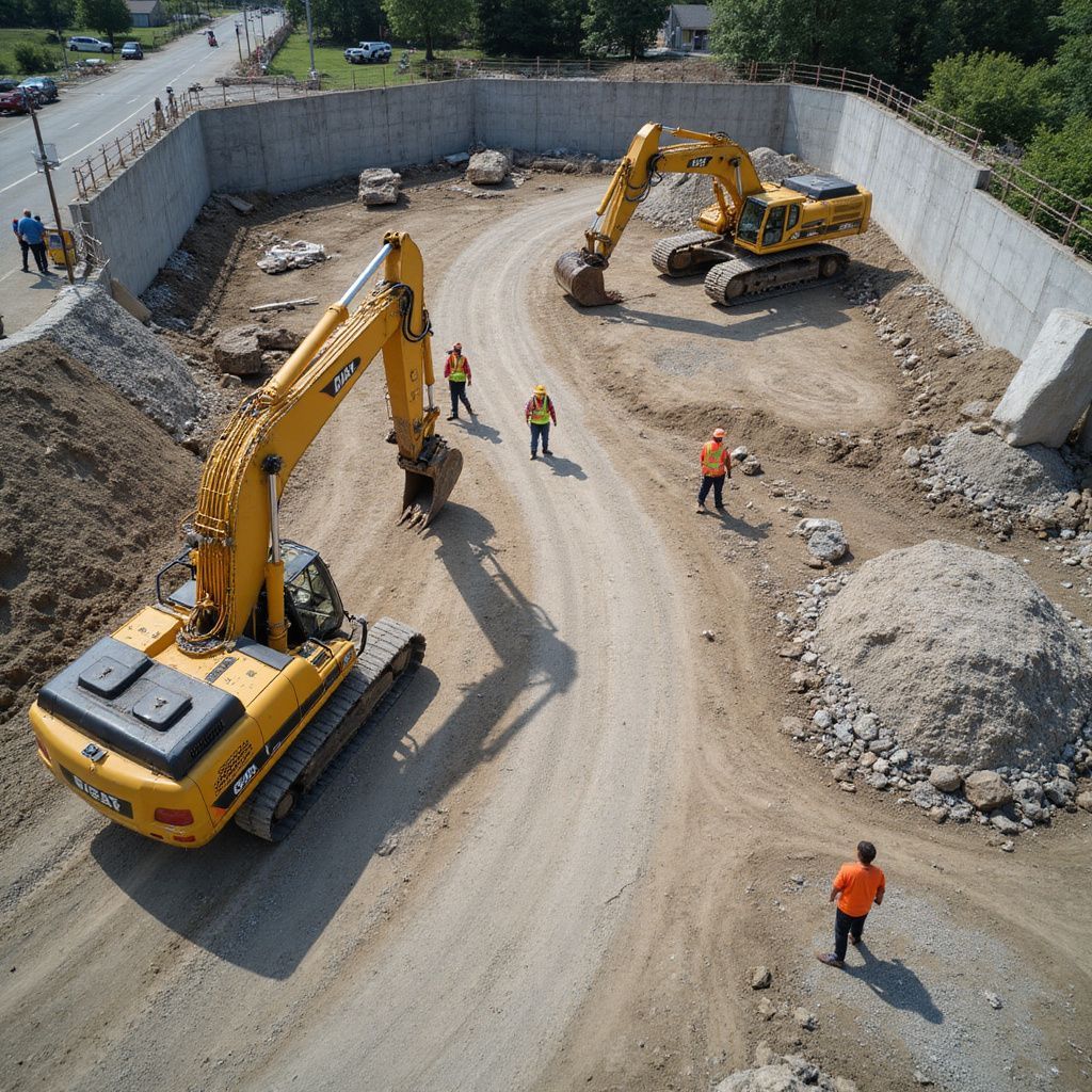 Construction site with two yellow excavators and workers in a large dug-out pit