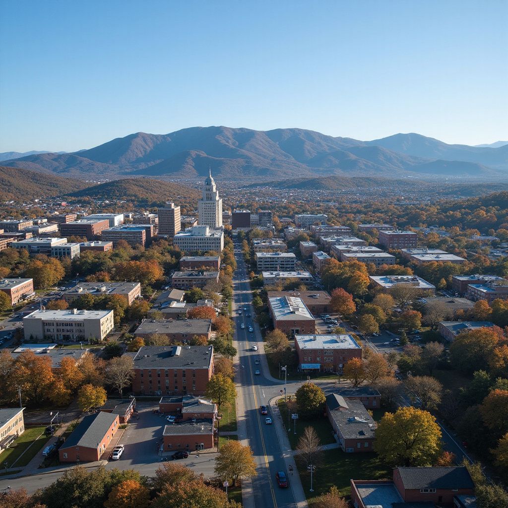 Aerial view of a town street leading to a white church with mountains in the background