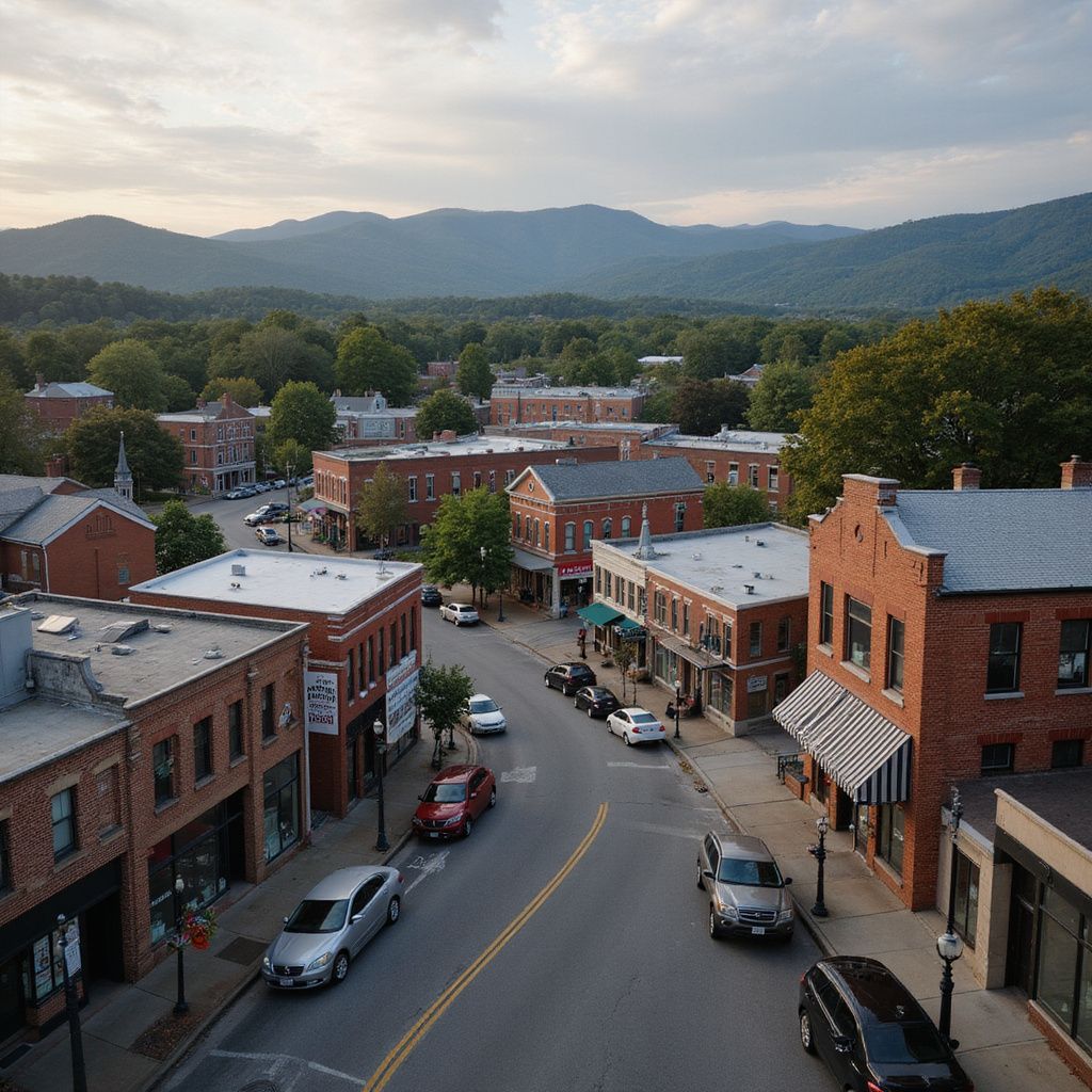 Downtown street lined with brick buildings, parked cars, and mountains in the background at dusk