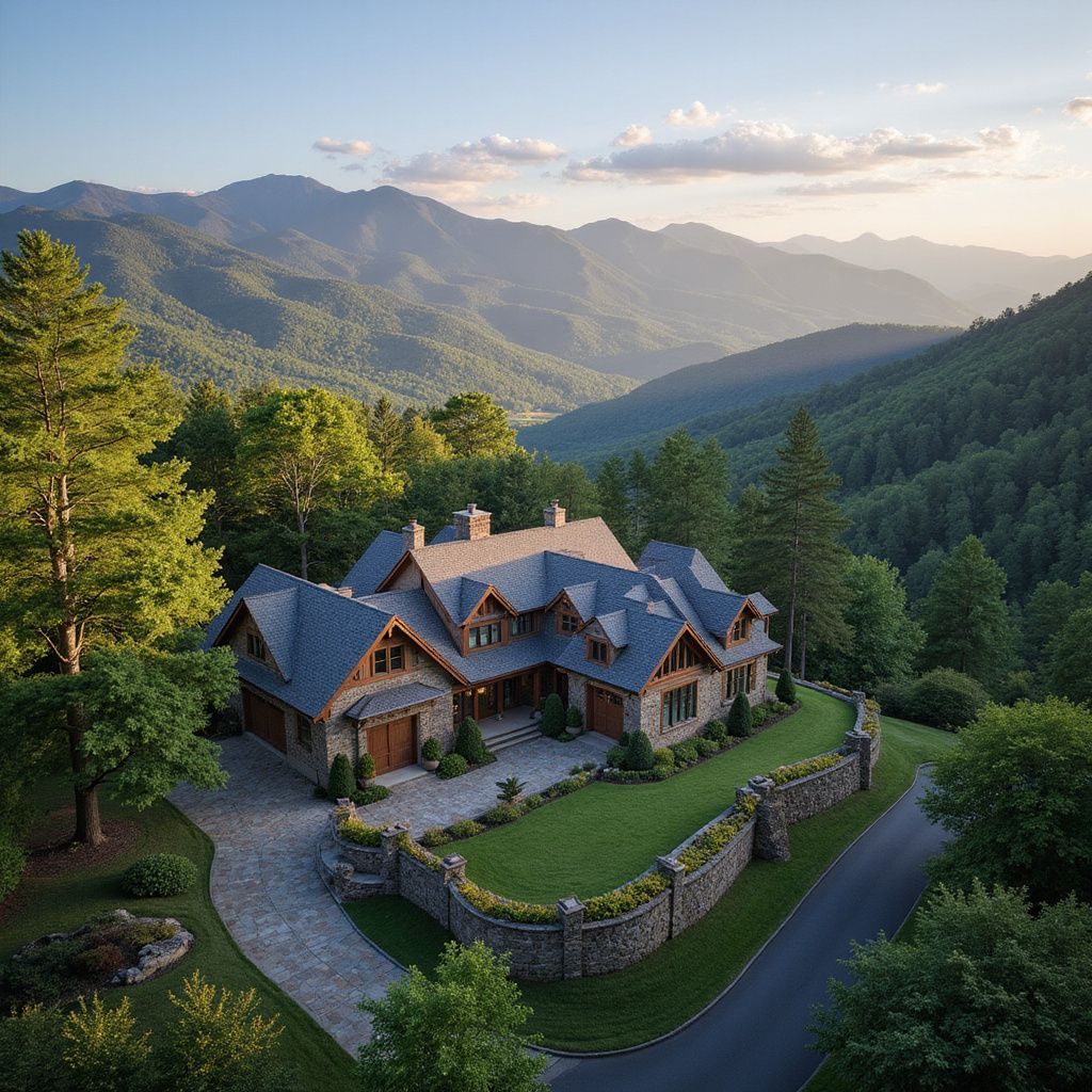 Stone cabin nestled in green mountains at sunset, with a curved driveway and forested valley beyond