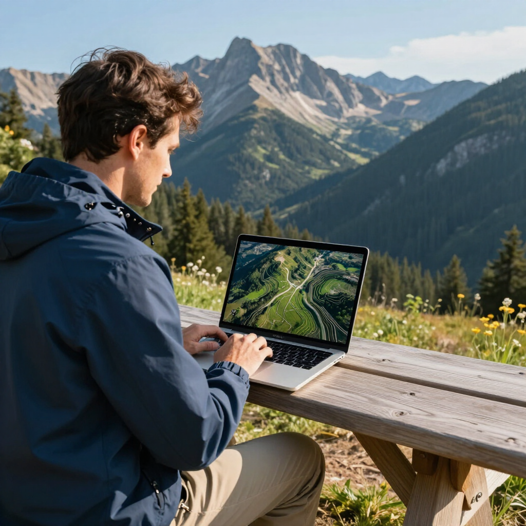 Person using a laptop at a mountain overlook, with a scenic valley and peaks in the background.