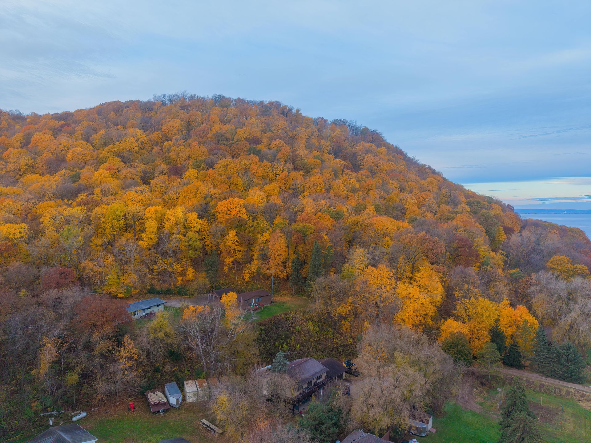 Autumn hillside covered in orange and yellow trees under a blue sky, with a few small houses below