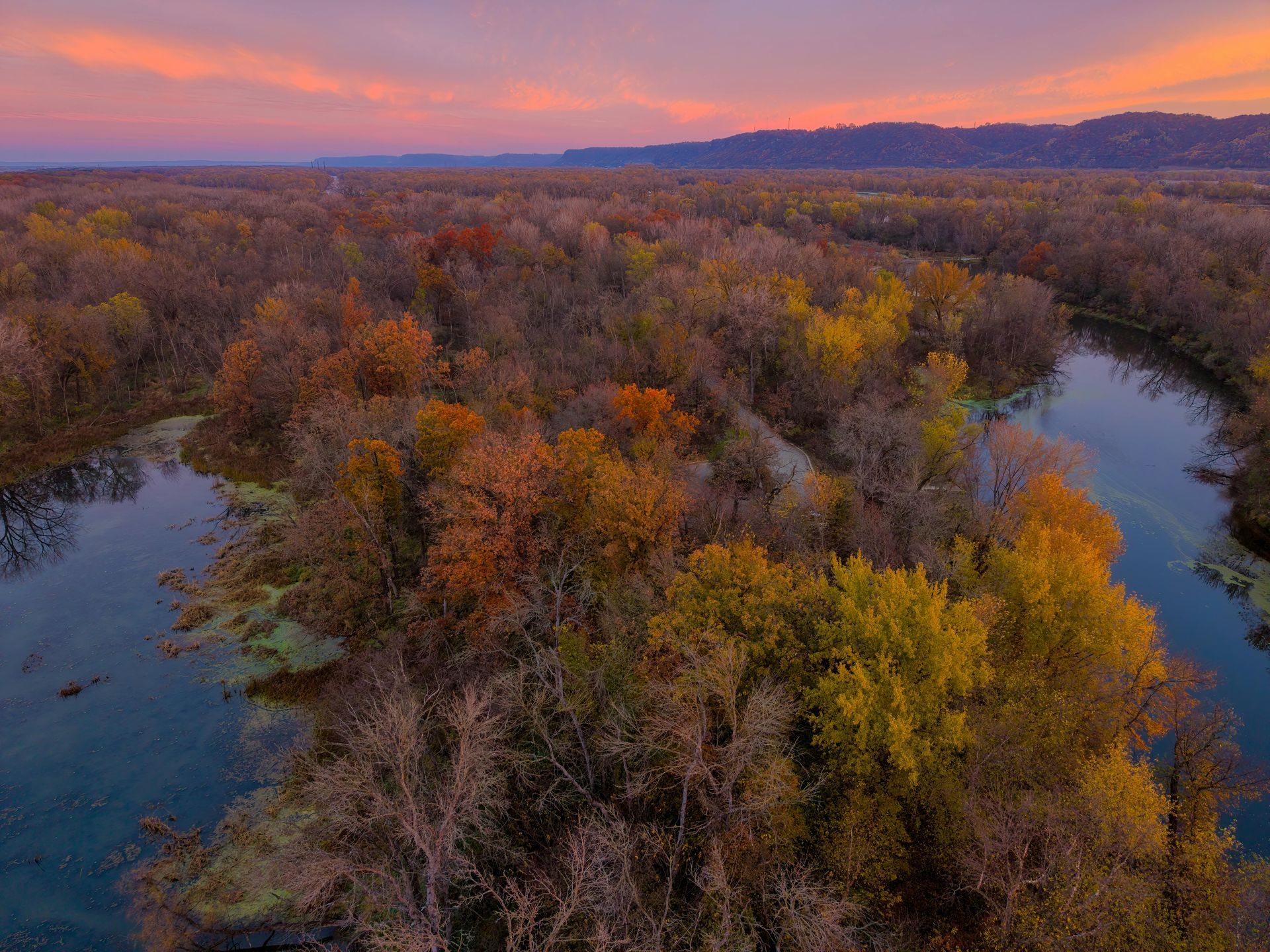 Aerial view of a colorful autumn forest beside a winding river at sunset.