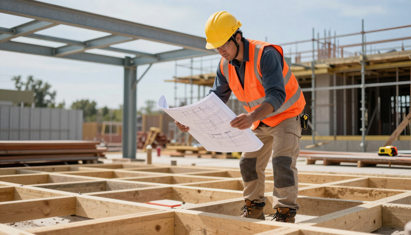 Worker reviews building plans at a jobsite with a building contractor in Addis Ababa for accurate construction planning.