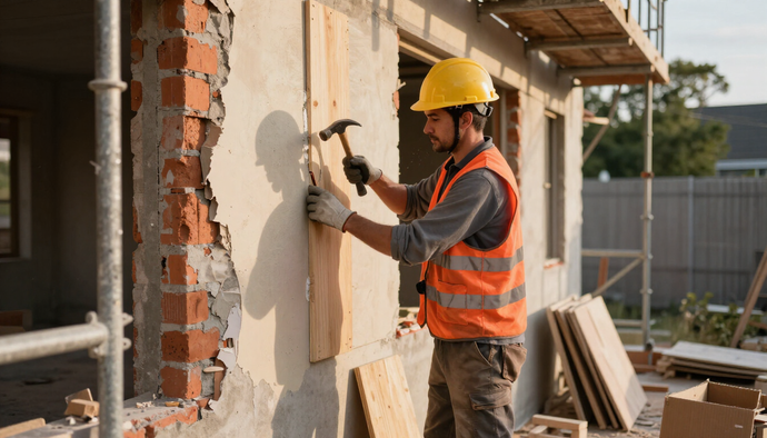 Contractor removes old wall material with a building contractor in Addis Ababa during renovation and remodeling work.