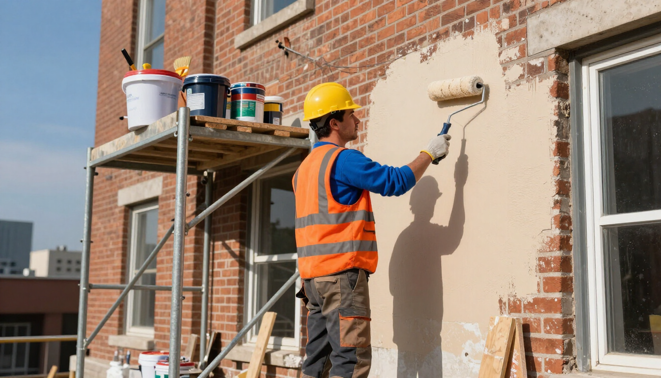 Worker applies plaster to an exterior wall with a building contractor in Addis Ababa during building renovation work.