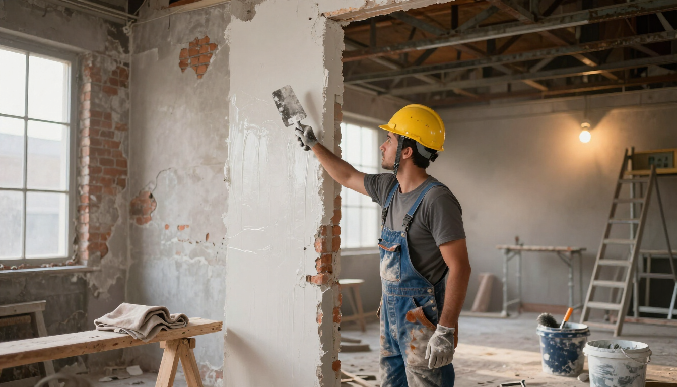 Worker removes old interior plaster with a building contractor in Addis Ababa during renovation and remodeling work.