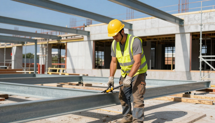 Worker installs structural framing with a building contractor in Addis Ababa during commercial building construction work.
