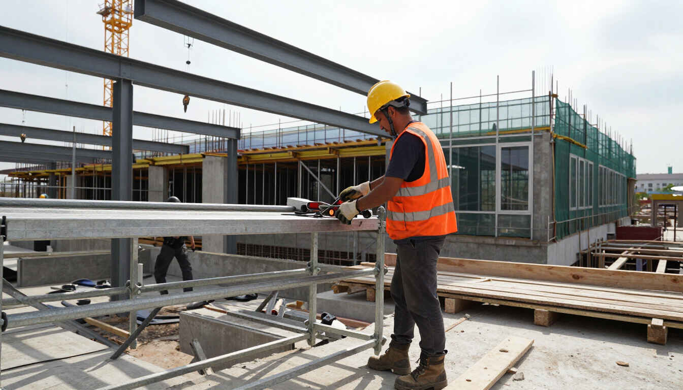 Worker oversees steel framing with a building contractor in Addis Ababa during a commercial building construction project.