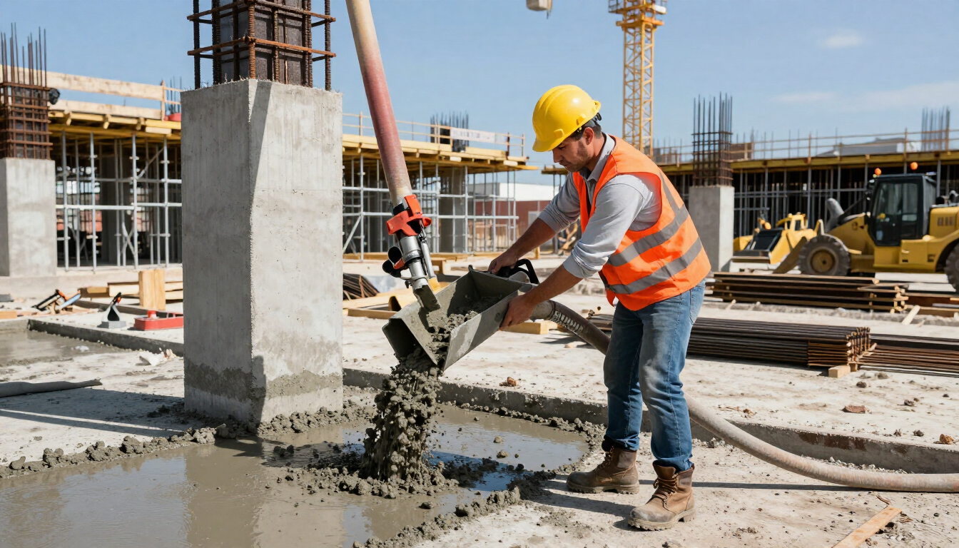 Worker pours fresh concrete with a building contractor in Addis Ababa during a commercial building construction project.