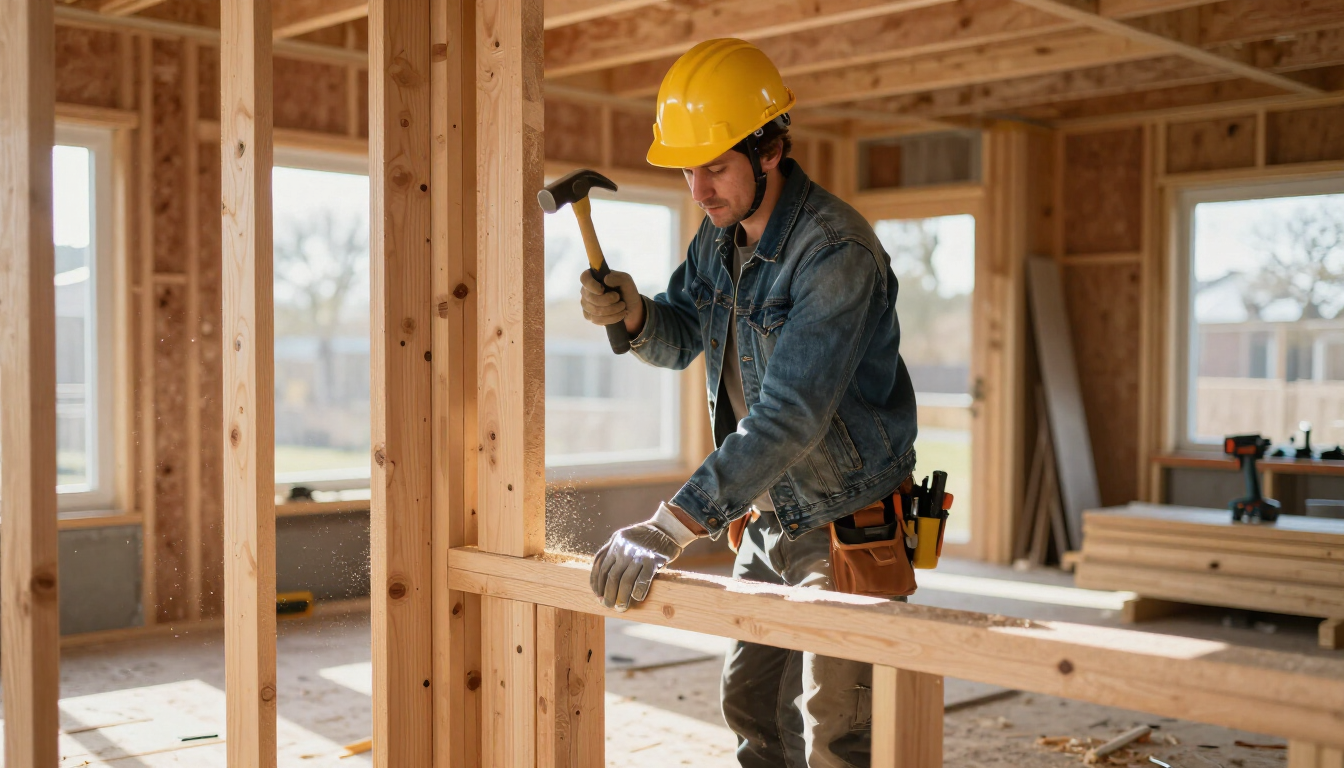 Carpenter uses a power tool on timber framing with a building contractor in Addis Ababa during new home construction.