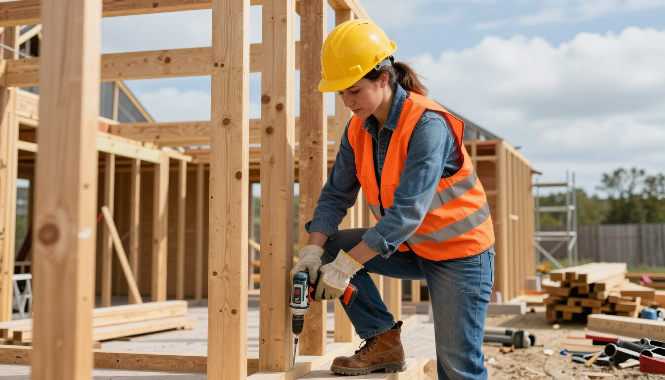 Carpenter works on timber wall framing with a building contractor in Addis Ababa during residential home construction.