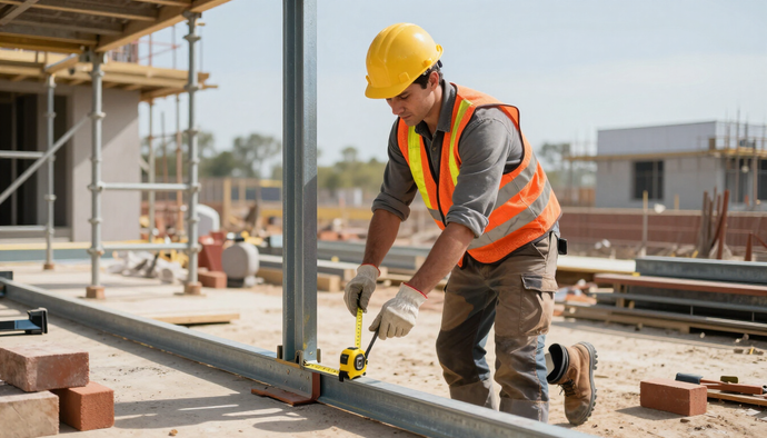 Worker measures a steel foundation frame with a building contractor in Addis Ababa during new building construction work.