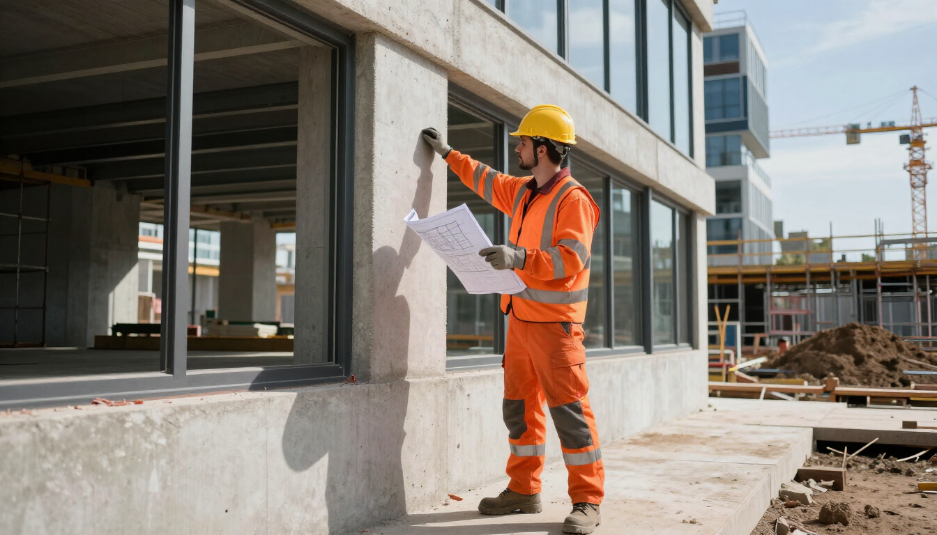 Worker reviews plans beside concrete walls with a building contractor in Addis Ababa during new building construction.