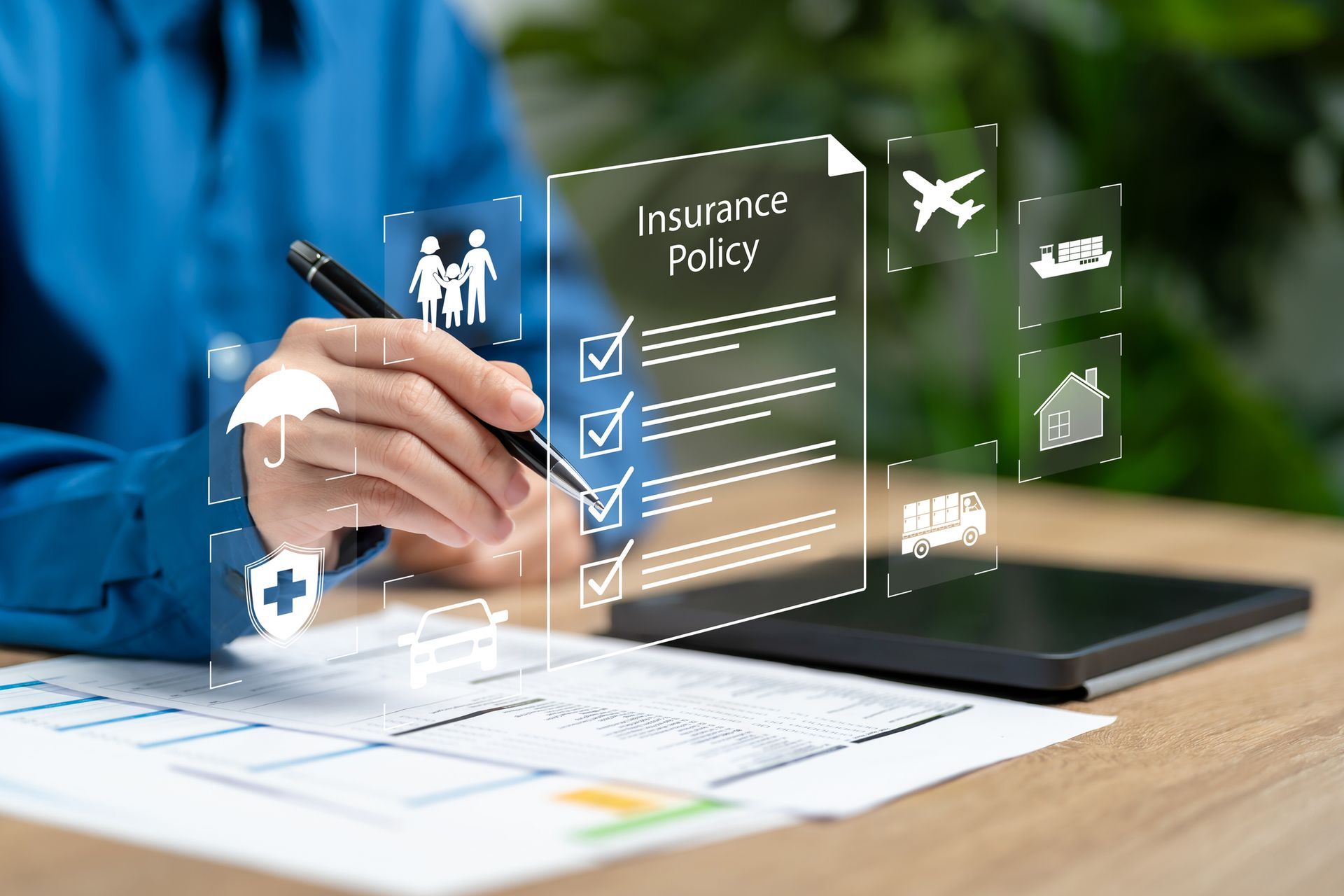 Person reviewing an insurance policy with digital icons overlayed, including a family, umbrella, and home.