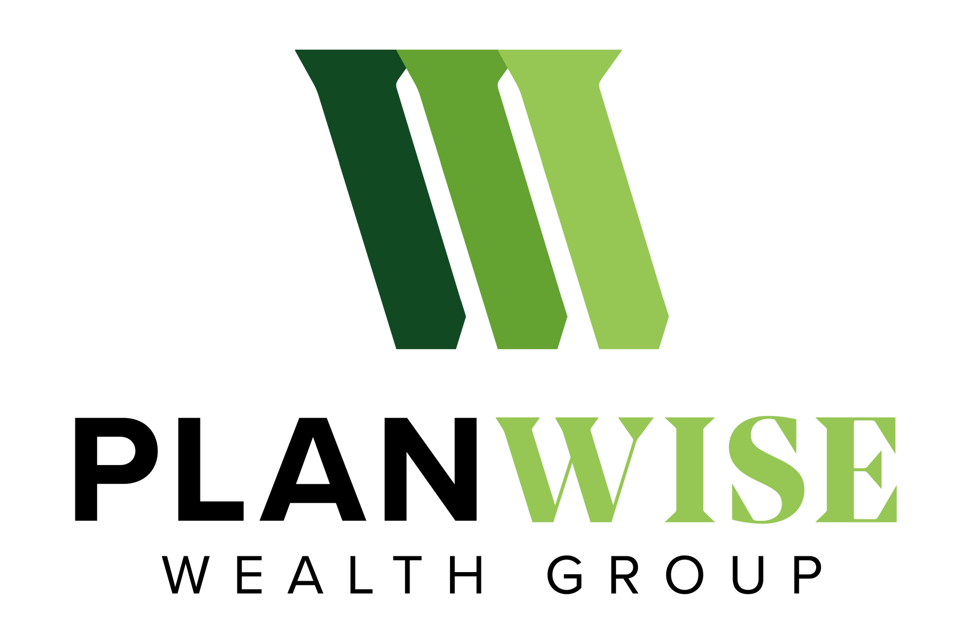 Planwise Wealth Group logo with green stylized bars above black and green text