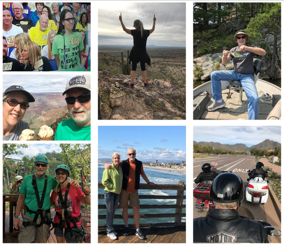 Collage of outdoor travel photos: hikers, scenic views, and friends posing at landmarks and on a motorcycle.